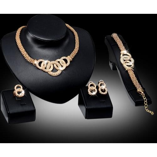 Fashion Women Crystal Handcuffs Necklace Earring Bracelet Ring Set Gold Rhinestone Luxury Circle Cross Party Jewelry Sets