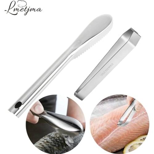 LMETJMA 2pcs/set Fish Scale Knife and Fish Bone Tweezers Stainless Steel Fish Scale Remover Knife Fish Skin Cleaner Scraper Peel