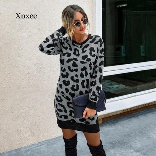 Fashion Leopard Sweater Dress Women Winter Long Sleeve O-Neck Print Ladies Clothes Slim Sexy Knitted Dresses Warm Autumn 2020
