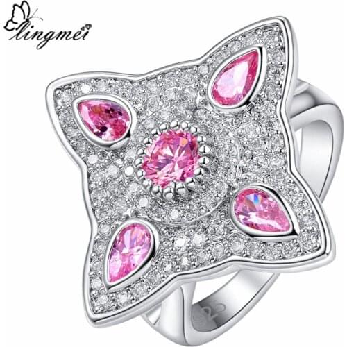 Lingmei New Design Round Champagne & Pink White CZ Silver ColorRing Size 6-9 Wedding Anniversary Party Women Jewelry