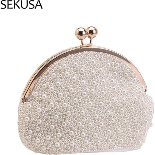 One Side Pearl Party Handbags Wedding Bridal Day Clutch Bucket Design Metal Banquet Beading Evening Bags
