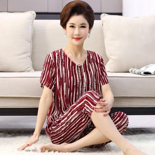 Full Cotton Pajamas Womens Short Sleeve Cropped Trousers Two Pieces Set Summer Middle Aged Mother Pyjama Suit Home Clothes 4XL