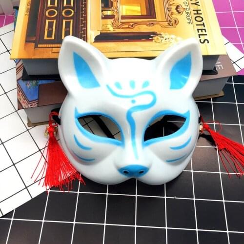 Japanese Animal Cat Half Face Mask with Tassels Small Bells Hand-Painted Cosplay Anime Masquerade Party Dress Up