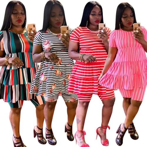 Plus Size XL-5XL Womens Pants Set Striped Two Piece Set Short Sleeve Cascading Ruffles Tee Shorts Suit Tracksuit Outfits