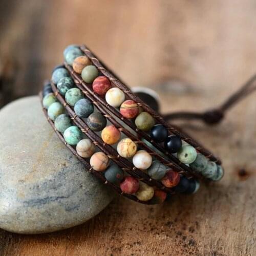 OAIITE Vintage Leather Bracelet Frosted Natural Stone Bead Wrist Bracelet for Women Men Handmade Jewelry Accessories