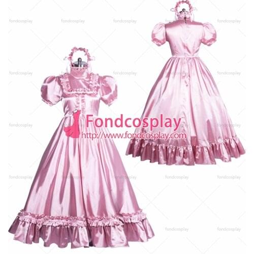 Fondcosplay adult sexy cross dressing sissy maid long French Lockable pink satin dress gothic lolita Tailor-made [G3864]