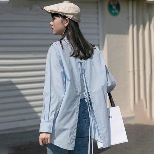 Hstar Back Hollow Out Tie Blue Blouse Womens Summer New Style Design Loose Long-sleeved Loose Shirt Korean Fashion blusas