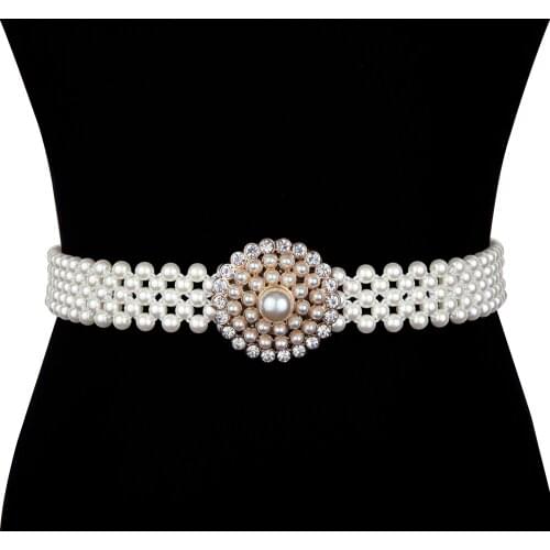 Fashion Stretch Ladies Pearl Crystal Belt Designer Belts For Women Luxury Prom Wedding Elastic Women Dress Belts Barry.Wang