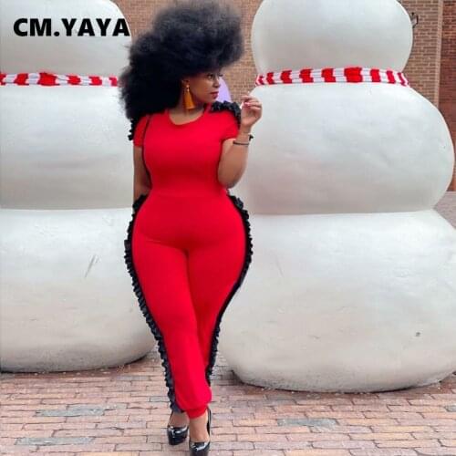 CM.YAYA Solid Patchwork Short Sleeve Womens Jumpsuit Skinny Elastic Full Length Jumpsuits Casual Streetwear Summer New Fashion