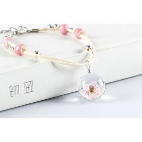 New Boho Vintage Charm Bracelet Handmade Real Dry Flower Glass Ball Weave Adjustable Bracelets Bangle for Women Fashion