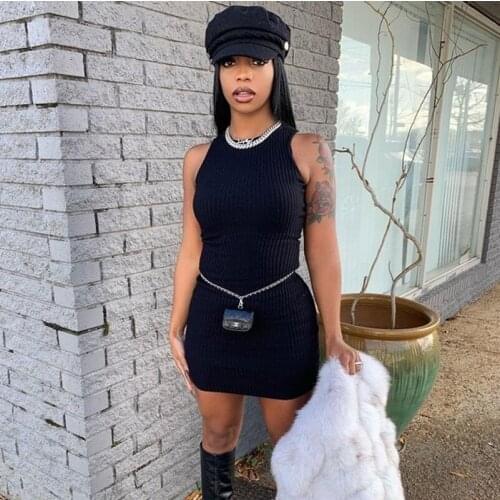 Spring Ribbed Bodycon Dresses for Women Casual Sleeveless Skinny Solid Black Mini Dress Streetwear Slim Sheath Sexy Summer Dress