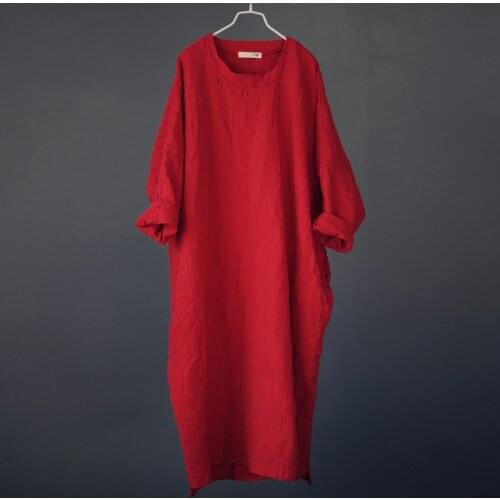 Solid Color Women Vintage Maxi Long Dress Robes 2021 Autumn New Bat Sleeve Embroidery Long Sleeve Cotton Linen Dresses Vestidos
