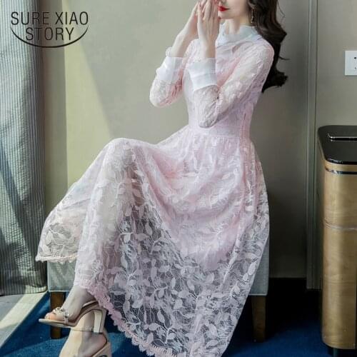 Long Sleeve Lace Up Vintage Midi Dress 2021 New Spring Lace Dress High Waist A Line Floral Women Dress Clothing Robe Femme 13425