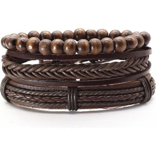 3 Pcs/set Vintage Multilayer Handmade Woven Black Brown Genuine Men Leather Bracelets Women Bangles Beads Homme Gift Jewelry