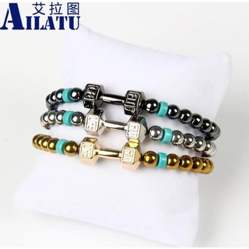 Ailatu Hot Sale Mens Powerful Dumbell Jewelry 6 mm Hematite Beads with Alloy Metal Fitness Dumbbell Charm Bracelet