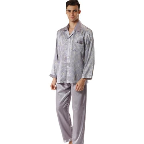 Satin Pajamas Men Sleepwear Classic Geometric Patterned Long Sleeves Satin Pajama Set Night Suit Lounge Wear