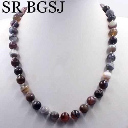 Free Ship 10mm Botswana Agates Onyx Round Beads Knot Genuine Stone Chocker Women Jewelry Necklace Strand 17.5inch