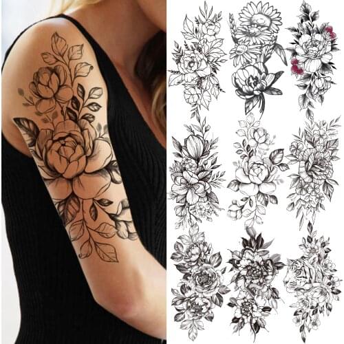 Large Peony Temporary Tattoo For Women Girl Adult Beauty Rose Flower Tattoos Sticker Black Flora Fake Body Art Drawing Tatoos