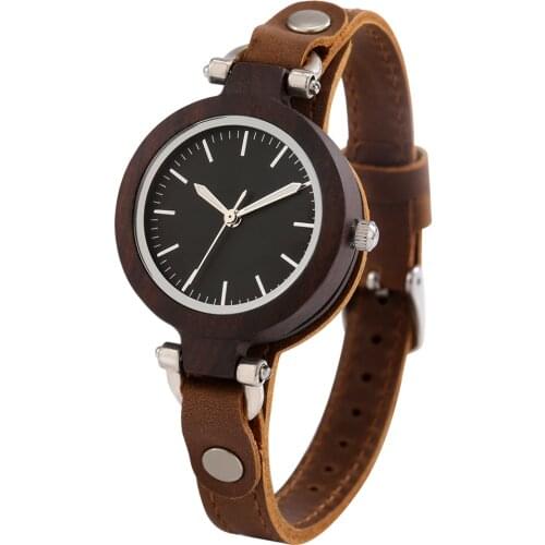 2021 Elegant Women Ebony Wood Watch Brown Cowhide Band Quartz Watches Ladies Clock Luminous Wristwatch Gift Box Relogio Feminino