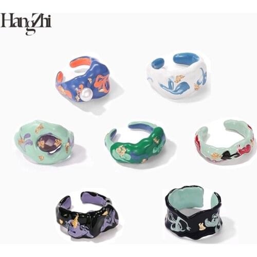 HANGZHI 2021 New Korean Colorful Handmade Drip Oil Painted Plant Opening Rings Adjustable for Women Girls Party Jewelry Gifts