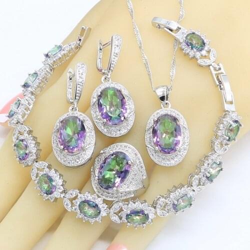 925 Sterling Silver Jewelry Sets for Women Rainbow Zircon Bracelet Necklace Pendant Earrings Ring Gift Box