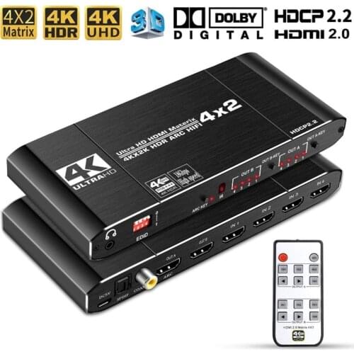 4x2 HDMI 2.0 Matrix Switch Splitter 4K@60Hz 4:4:4 Switcher 4 in 2 Out with IR Remote Controller Support ARC HDCP 2.2