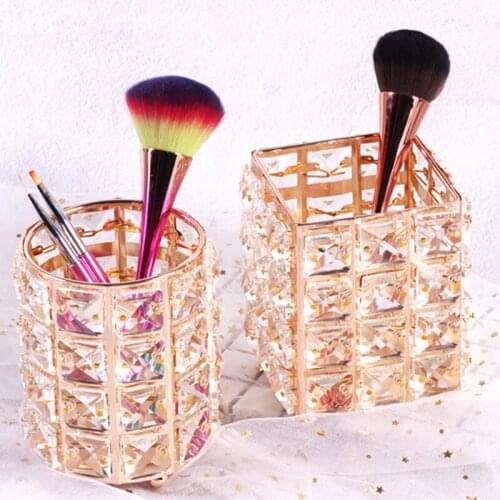 Metal Makeup Organizer Brush Holder Box Crystal Jewelry Storage Box Tube Eyebrow Pencil Holder Cosmetic Desk Storage Tools