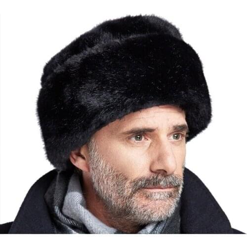 Mens Imitation Mink Fur Hat Old for Old Men Flat-top Winter Thickening Outdoor Warm and Windproof Bomber Hats Dad Hat