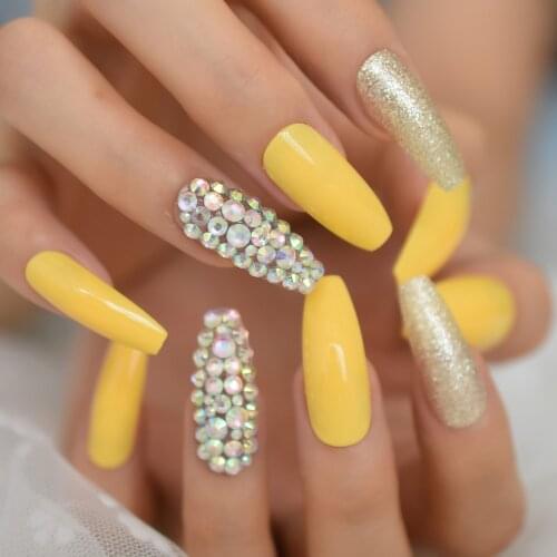 Bright Orange Yellow Color Fake Nails AB Rhinestones Pure Butterfly Press On Nail European Fashion Artificial Nail Art