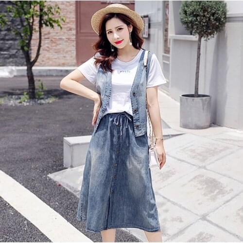 Summer Women Three Pieces Outwear Denim Dress Woman Office Ladies Blue Shirt Jean Dresses Streetwear Casual Long Cotton Frock