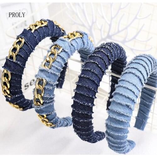 PROLY New Fashion Women Hairband Wide Side Denim Headband Manual Winding Headwear Thickened Sponge Turban Hair Accessories