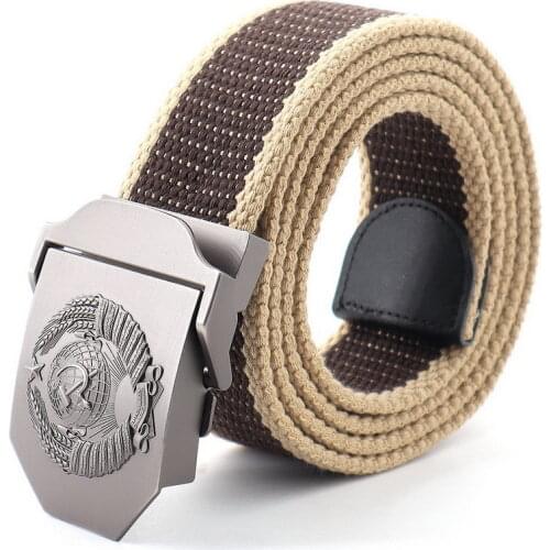 Russia Mens Metal Slide Buckle Waist Belts Breathable Canvas Army Military Unisex Jeans Accessories Women Leisure CCCP Emblem