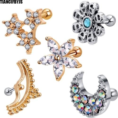 TIANCIFBYJS 2pcs 16g CZ Flower Star Moon Ear Tragus Cartilage Earring Piercing Helix Ear Stud Tragus Earring For Woman girl Gift