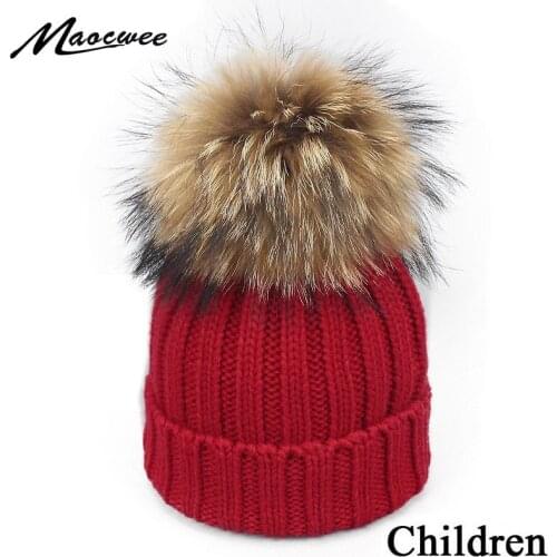 Girl Boy Pom Pom Beanie Warm Knitted Skullies Kids Fur Pom pom Hats Children Real Raccoon Fur Pompon Winter Hat Cap Brand Bone