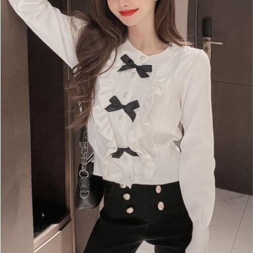Autumn Women Knitted Sweaters O-Neck Long Sleeve Colorblock Cardigans Single-Breasted Bow Ruffles Casual French Woman Sweater