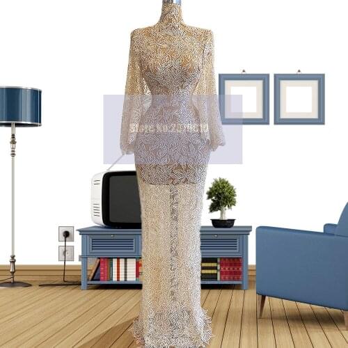 Elegant Champagne Evening Dress Sheath Full-Length Prom Dress Beaded Celebrity Dress Vestido de festa Formal Dress 2020 Dubai