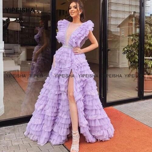 Yipeisha Lavender Tiered Skirt Prom Dresses Jewel Sleeveless A Line Lace Slit Evening Gown Custom Made Lilac Party Dress 2021