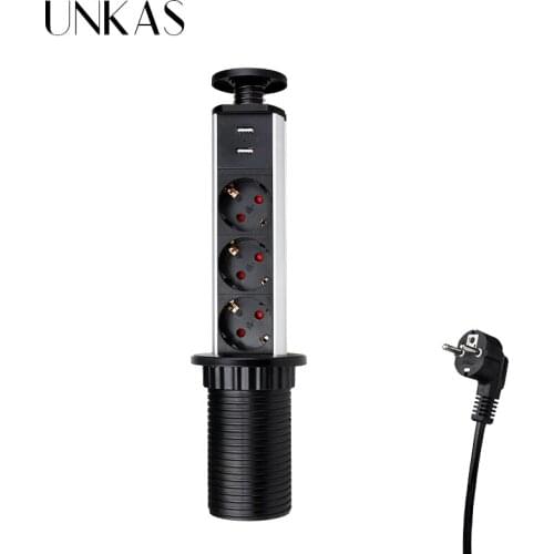 UNKAS 16A PULL POP UP 3 Power EU Socket New Black Color Port Kitchen Table Desktop Sockets Retractable Countertops French Plug