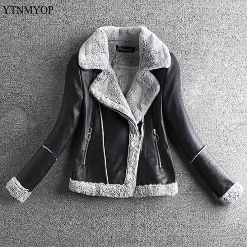 YTNMYOP Winter Motorcycle Clothing Female Winter Lamb Hair PU Leather Jacket Jacket Thick Turn-down Collar Autumn Leather Coats