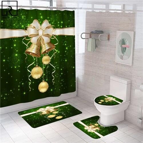 Green Christmas Bell Print Shower Curtain with Hooks Festival Bathroom Decoration Anti-slip Bath Mat Set Rugs Toilet Lid Covers
