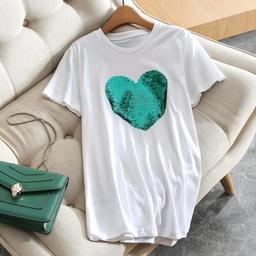 Zuolunouba Summer Tops Colour Change Love Harajuku Women T Shirt Fashion Sequins Cotton Short Sleeve Casual Tees Female