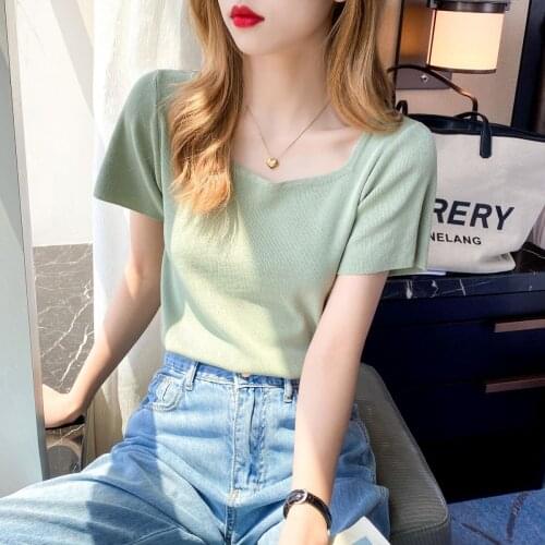 Knitted Short-Sleeved T-Shirt Women 2021 Summer New Style Square Collar French Retro Cropped Top