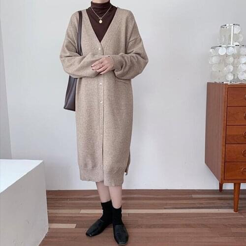 New 2020 Autumn Winter Womens Sweater V-Neck Buttons Long Cardigan Pocket Split Korean Oversize Lady Tops CL720