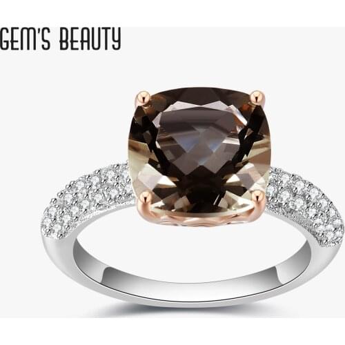 GEMS BEAUTY 925 Sterling Silver Gemstone Candy Rings Cushion Cut Natural Smoky Quartz Cocktail Ring For Women Fine Jewelry