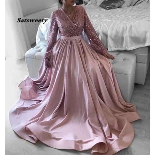 Pink V-Neck Long Sleeve Formal Dress Women Elegant Sequin Bodice Satin Skirt A-Line Plus Size Evening Dresses Robe Soiree Dubai