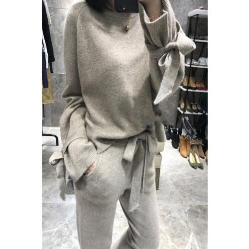 2020 O-neck Full Real Womens Fine Cashmere Set Round Leader Tie Knitwear And Wide Leg Pants Two-piece Loose Lazy Thick Warm
