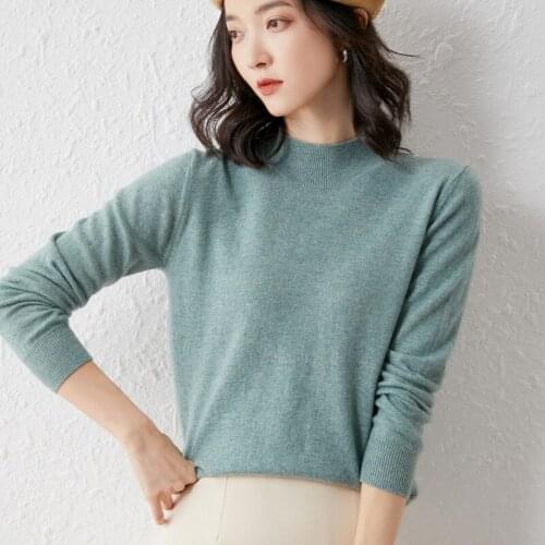 2021 High-End Cashmere Sweater Warm All-Match Women' Pullover 100%Wool Autumn Winter Half High Neck Loose Top Knitted Base Shirt
