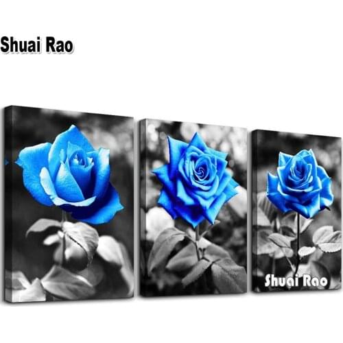 Black And White Blue Rose Flowers 5D DIY Diamond Embroidery 3 Piece Full Square Round Drill Mosaic 3d Cross Stitch Triptych