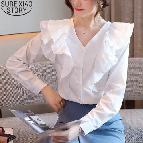 White Chiffon Blouse Women Shirt Cardigan Fashion V-neck All-match Long Sleeve Ruffles Tops Elegant Solid Clothes Blusas 11129