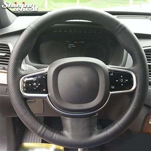 Shining wheat Genuine Black Leather Car Steering Wheel Cover for Volvo XC90 2015-2017